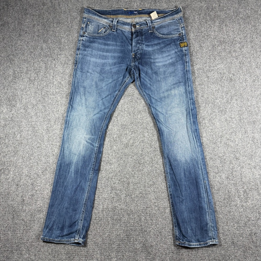 G-STAR Defend Super Slim Jeans Mens Size 34x32 Mid Wash Blue Whiskers Stretch